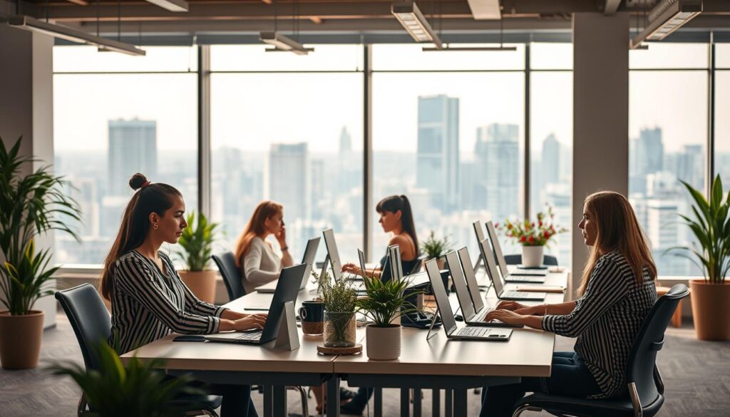 A bustling open-plan office, with female sales agents at their desks, intently focused on their high-tech laptops and making impassioned calls. The space is bathed in warm, diffused lighting, casting a professional yet energetic atmosphere. Sleek, minimalist furniture and decor create a modern, streamlined setting, while potted plants and splashes of color add a touch of vibrancy. In the background, a large window offers a view of a bustling city skyline, hinting at the scale and scope of the remote sales operations taking place. The agents' expressions convey a sense of determination and drive, reflecting the challenges and rewards of navigating the hidden job market for high-ticket sales positions.